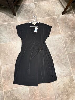 Michael Kors Black Wrap Midi Dress with Ring Detail